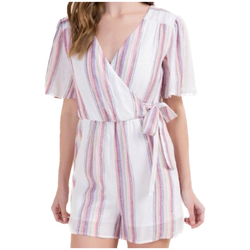 Harper Heritage White Multicolored Striped Faux Wrap Romper Size S